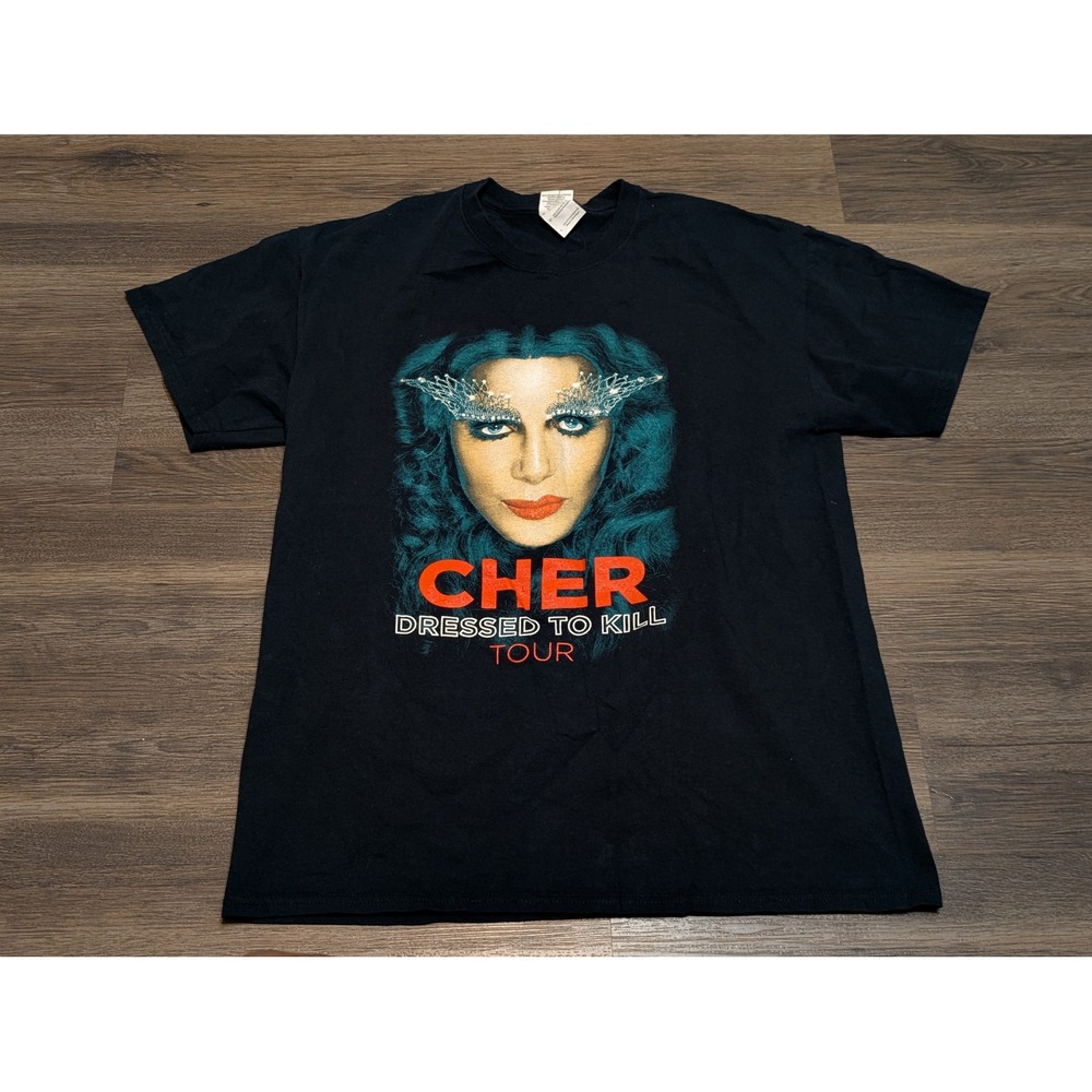 Cher Dressed to Kill Tour Concert T Shirt Mens L Black Gildan Pop Music Band Tee
